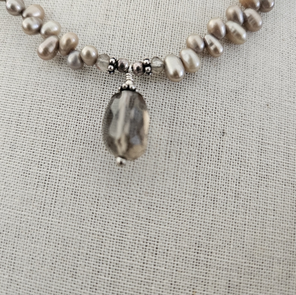 Sterling Silver 925 Freshwater Pearl Necklace w/ Smoky Quartz Pendant - Picture 2 of 7